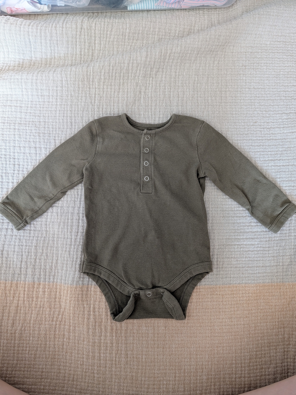 Pehr Essentials Henley Long Sleeve Baby Bodysuit, Olive, 3-6M